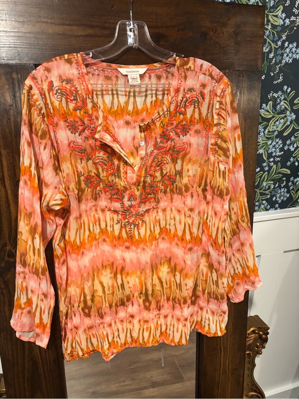 Sundance 100% Silk Orange Tie Dye Long Sleeve Blouse Embroidered Size Large